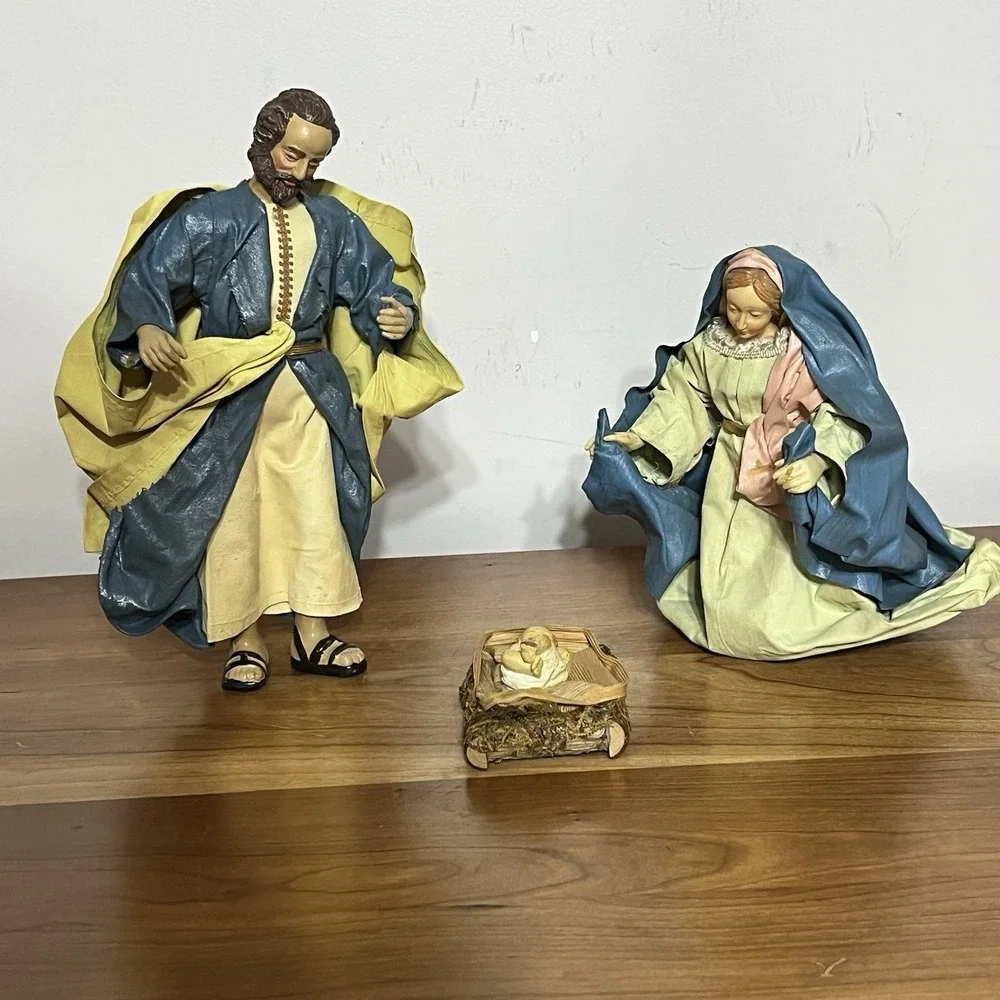 Vintage Fabric Mache Christmas Nativity Set Holy Family Mary Joseph Jesus Figure